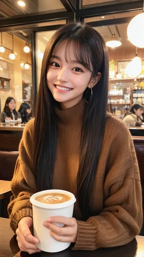 He is wearing a brown sweater and sitting in a cafe drinking coffee、A cute girl with long black straight hair, brown eyes and a round face, sunset, Smiling with no bangs and showing teeth, Holding a poodle puppy in her arms