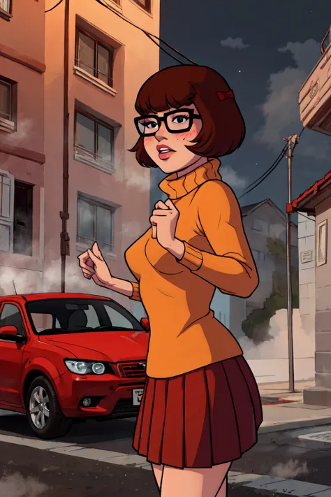 1girl, Velma from scooby-doo, solo, skinny, brown hair, black eyes, square glasses, orange turtleneck blouse and red skirt,  eyeliner, looking at viewer, lips, black bob cut, blunt bangs, blush, standing, upper body, face focus, outdoors, horror (theme), n...