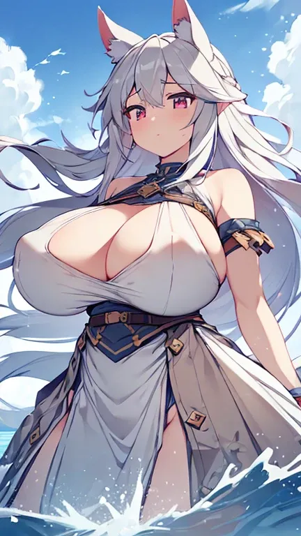  (highest quality, 8K, High resolution, masterpiece:1.2), Super detailed, ((very gigantic sagging breasts:1.3)), ash-gray horse ears, woman, long silver hair, flowing in the wind, sharp eyes, passion, freedom, adventure, ears move sensitively, capturing so...