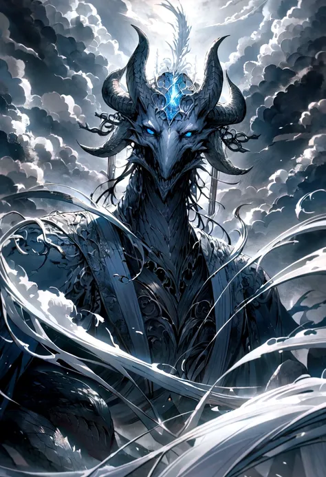 Chinese dragon，White dragon，Hovering over the pillars，Chinese Mythology，，Faucet，angle，Turtle body，，Horns on the head，cough，ferocious，huge，Blue light in the eyes，Sea，Big Wave，Shrouded in clouds，The scene is，Full body portrait， 