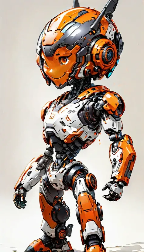 draw a picture of an A.I robot with short stature, like a , wearing a half helmet. male AI type, A.I Robot is orange and black, body position is straight towards the camera, showing the whole body, plain white background, A.I robot has a cute character wit...