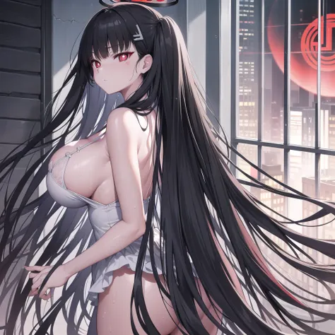 riotsukatsuki, rio, black hair, (red eyes:1.5), hair ornament, hairclip, halo, long hair,
、Extremely large breasts(4700)、 Huge 、Two people hugging each other、lingerie、Wet body、A girl with long black hair and long grey hair