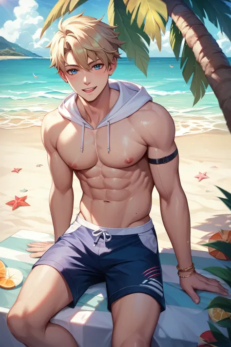 (masterpiece, best quality:1.5), (ultra detailed, high resolution, 8k, beautiful detailed, UHD, best anatomy), 1 handsome boy, white short hair, shorts (e.g. seaside use), thin hooded, sandy beach