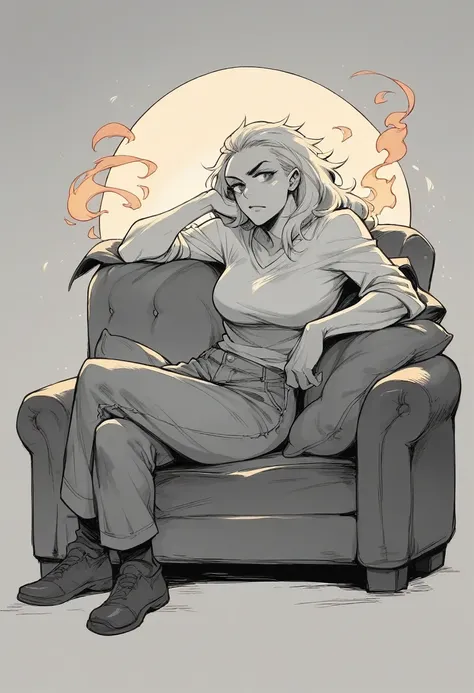 A woman wear black and white sitting in a couch with fire and eagle head background 