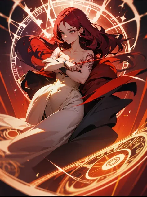 1 adult woman, depicted painting, tattoo, (cinematic), elaborate, magical power, detailed magic circle, vibrant red color, collarbone