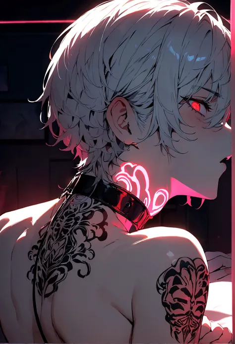 ((best quality)), ((masterpiece)), (detailed),(Cyberpunk) A boy with Short White hair and red eyes, showing his tatto in his neck, in bedroom with neon light