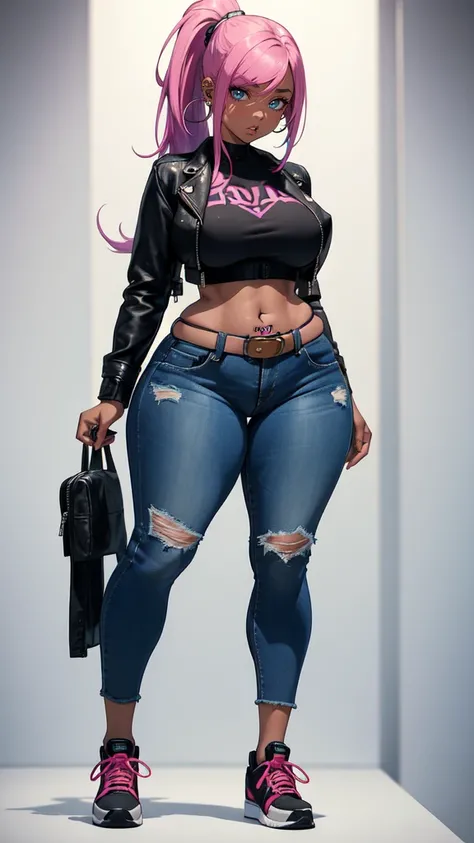 (blank background), (((full body framing))), standing, (masterpiece), (best quality), huge girl, (muscular girl:0.8), (thin hair:1.7), (long blue jeans), massive breast, hair over one eye:1.4, sport bra, fuchsia hair, dark skin, belt under navel, blunt ban...