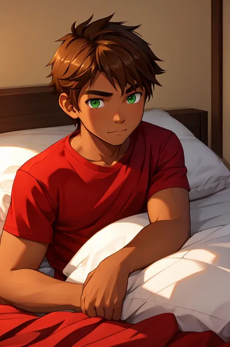 a 16 year old man, tanned skin, light brown hair, green eyes, red shirt, black cause.  in the bedroom