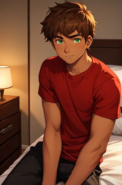 a 16 year old man, tanned skin, light brown hair, green eyes, red shirt, black cause.  in the bedroom