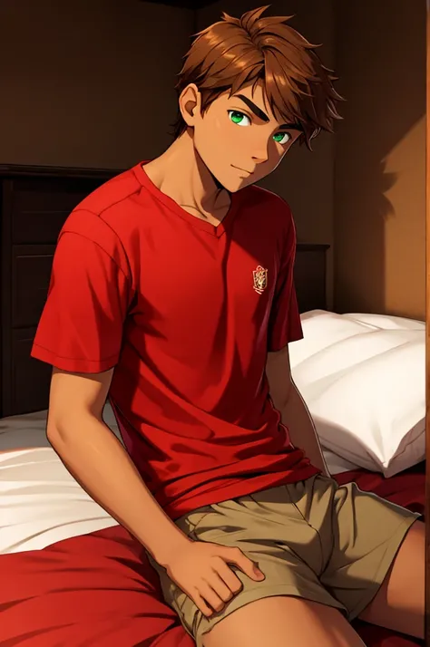 a 16 year old man, tanned skin, light brown hair, green eyes, red shirt, black cause.  in the bedroom