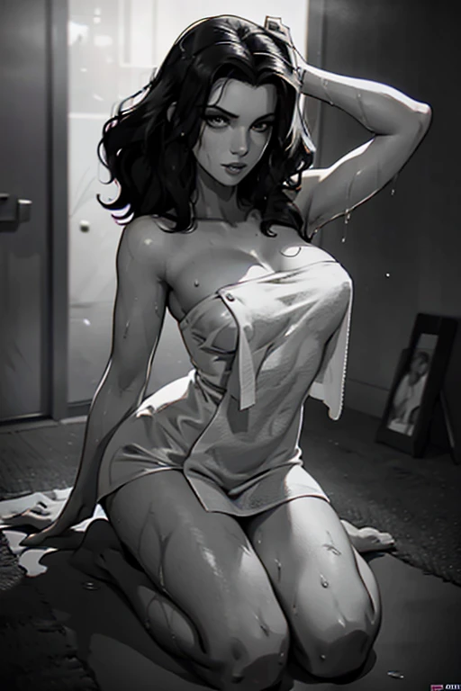 (lustful eyes),(aftershower:1.1),(wearing towel),filmnoir1944, 1940s style,(monochrome).(rule of thirds),((hyper-realistic illustration:1.4)) Beautiful 27 yo woman, brunette, 1940s fashion, ((Wet hair.:1.3)) (soapy),(bare feet), dark mood, single light sou...