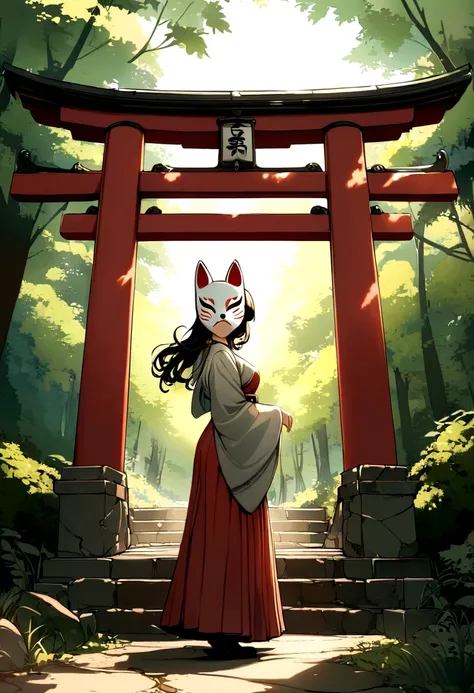 Old torii gate in the forest, Old stone staircase, wood々The sunlight shines in, nostalgic　,Girl wearing a fox mask,Highest quality,Very delicate,masterpiece,Super detailed,