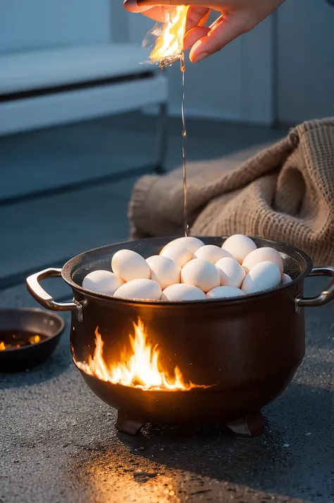 Boiling eggs. The pot is on top of a range flame, the pot is full of water, and there are eggs in it. High quality, realistic live-action photo creation.