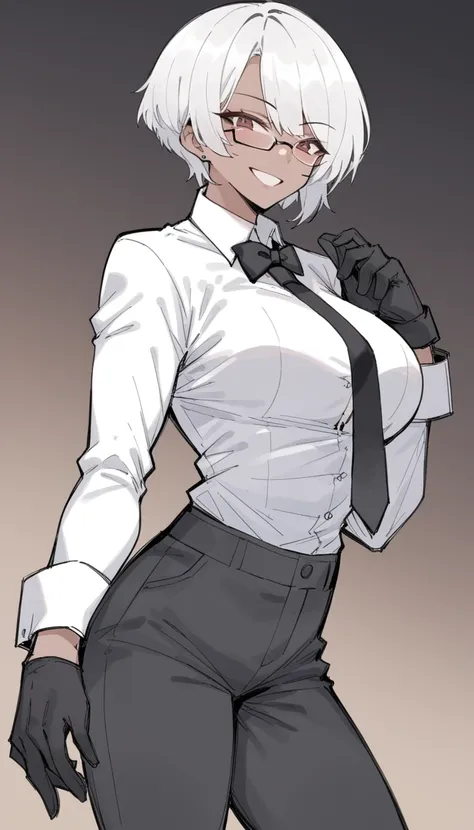 score_9, score_8_superior, score_7_superior, score_6_superior,sketch of male character artist in formal clothes and glasses, wearing a white shirt and black tie, 1girl, dark skin, solo, gloves, dark-skinned female, white hair, pants, short hair, shirt, bla...