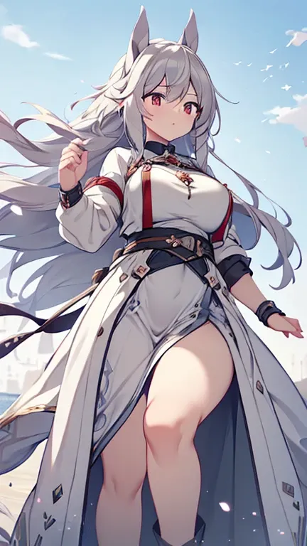  (highest quality, 8K, High resolution, masterpiece:1.2), very gigantic breasts, ash-gray horse ears, woman, long silver hair, flowing in the wind, sharp eyes, passion, freedom, adventure, ears move sensitively, capturing sounds, presence embodies, strengt...