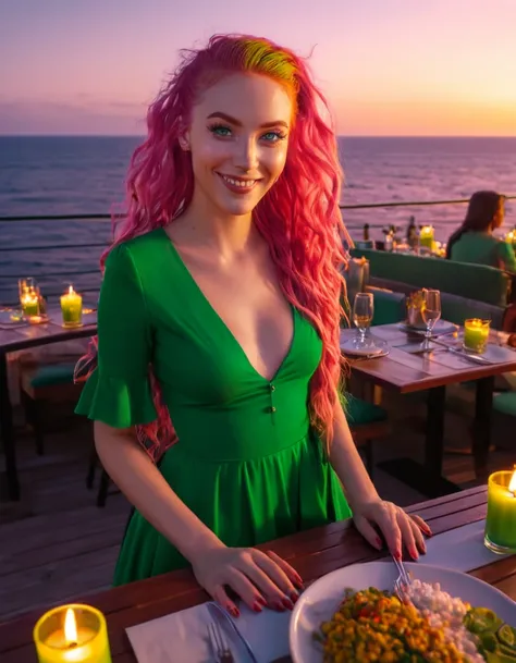 In an outdoor restaurant overlooking the ocean, table has food and drinks, candles, vibrant colors, wearing green dress,happy face, detailed expressive eyes,long pink hair, bright mood lighting, sunset, (8k, RAW photo, best quality, depth of field, intrica...