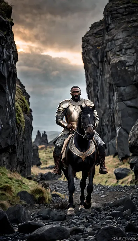 warrior, Idris Elba, long hair, dressed in Byzantine armor, black, riding a huge horse, black, in a landscape of black rocks at dawn, epic image, dark image, noir image, ethereal image, gloomy atmosphere. highly detailed image, sharp focus, studio photogra...