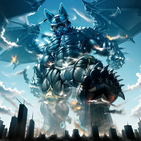 (masterpiece. official art. 8k. best quality. detailed full body. full body.)
A man in stylish armor fights against the magnificent biomechanical LUCARIO.
(situation 1 : dominating LUCARIO. focus GIANT mechanical Muscular LUCARIO is trampling the CITY. mac...