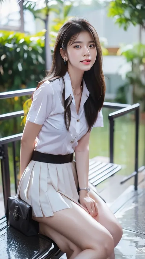 1 a thai cute girl about 30 year old,white wet shirt, uniform university of thailand,mini black short skirt,mini earrings,mini n...