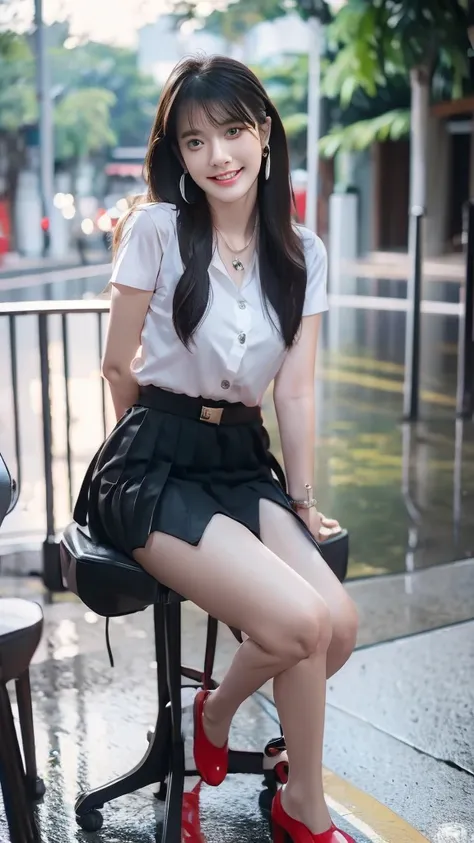 1 a thai cute girl about 30 year old,white wet shirt, uniform university of thailand,mini black short skirt,mini earrings,mini n...