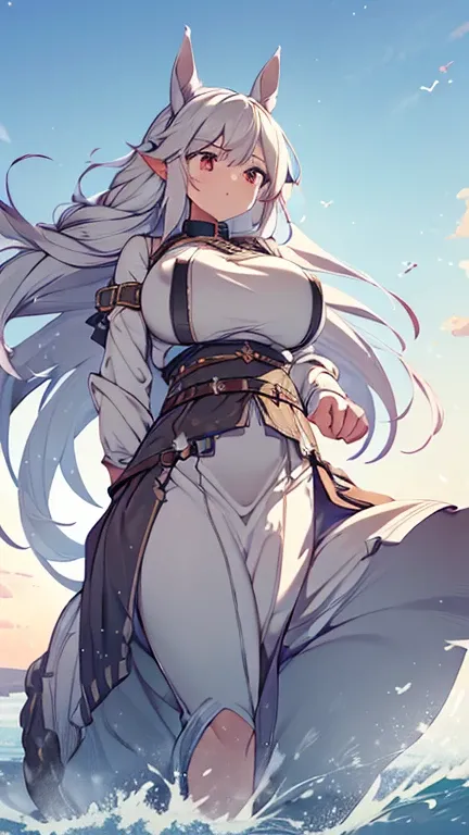  (highest quality, 8K, High resolution, masterpiece:1.2), ((very gigantic sagging breasts:1.3)), ash-gray horse ears, woman, long silver hair, flowing in the wind, sharp eyes, passion, freedom, adventure, ears move sensitively, capturing sounds, presence e...