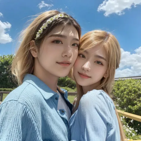 Hombre y mujer posando para una selfie frente a una valla, coreana, pareja adorable, kang hyewon con pelo largo y rubio, 8k selfie photography, kang hyewon y lee jeno