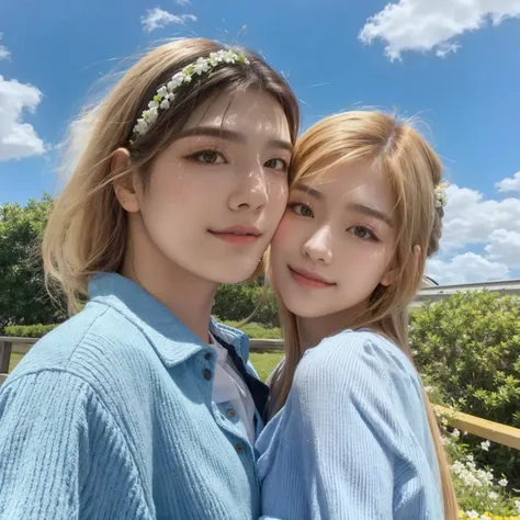 Hombre y mujer posando para una selfie frente a una valla, coreana, pareja adorable, kang hyewon con pelo largo y rubio, 8k selfie photography, kang hyewon y lee jeno