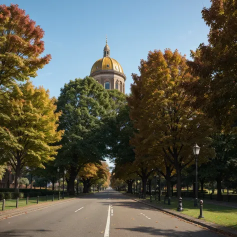 trees with leaves on them long road at the park, at the very far there is an old clock building with during autumn, , autumn season, inspired by Christopher Wren, melbourne, london, with great domes and arches, fall season, national portrait gallery, autum...