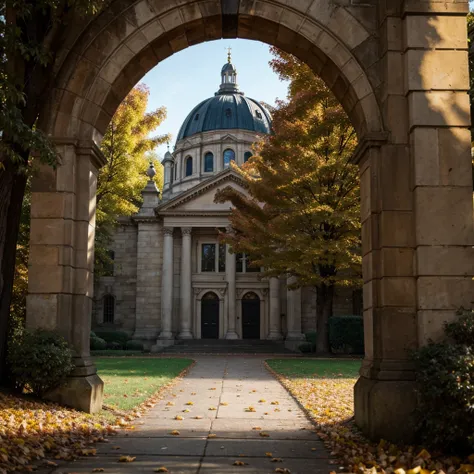 trees with leaves on them long road at the park, at the very far there is an old clock building with during autumn, , autumn season, inspired by Christopher Wren, melbourne, london, with great domes and arches, fall season, national portrait gallery, autum...