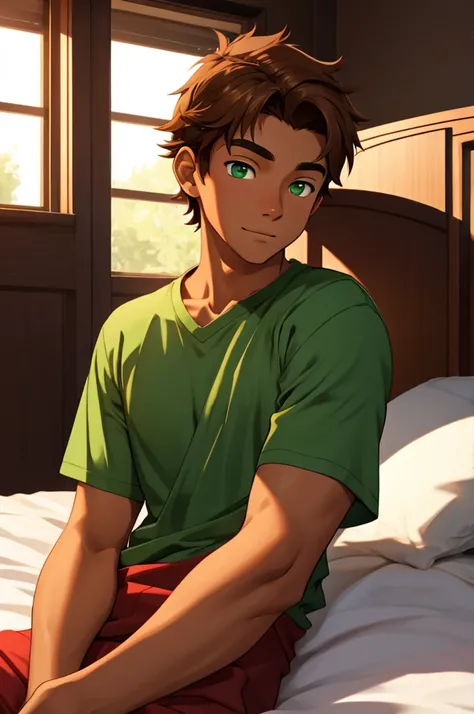 a young male, 18 years old, tanned skin, light brown hair, green eyes, red shirt, black cause.  in the bedroom