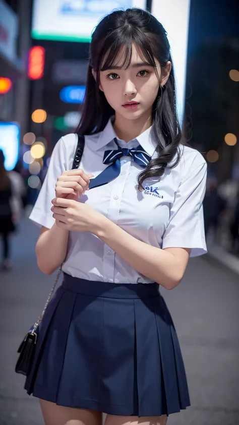 (8k, RAW Photos, masterpiece:1.3), (Realistic, photo-Realistic:1.37), (night), (View your viewers:1.331), (Gray Hair), Pause, Tokyo Street, nightcityscape, Cyberpunk City, Soft Light, One girl, Very beautiful face, bust, Put your hands down, Random hairsty...