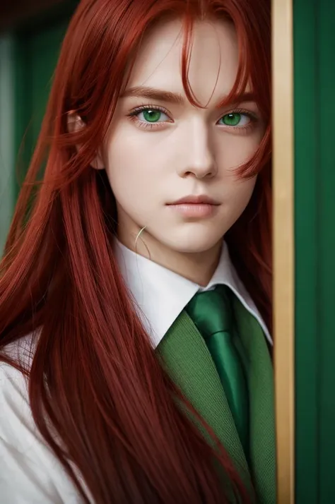 A red-haired man with sharp yellow-green eyes