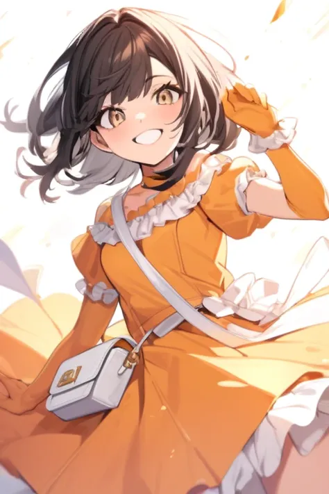 A beautiful girl with brown eyes, short black hair, wearing an orange frilly dress, white purse, wide grin, wearing arm long glove