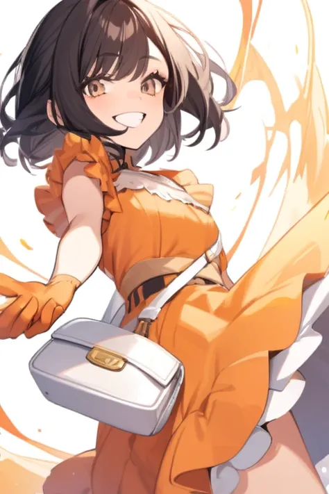 a beautiful girl with brown eyes, short black hair, wearing an orange frilly dress, white purse, wide grin, wearing arm long glo...