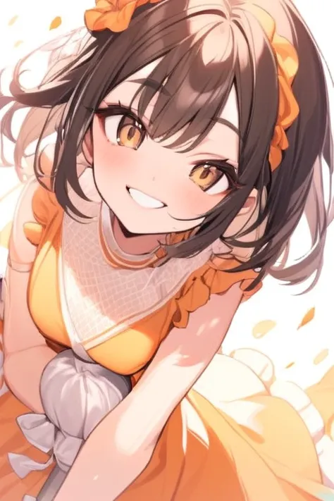 a beautiful girl with brown eyes, short black hair, wearing an orange frilly dress, white purse, wide grin, wearing arm long glo...