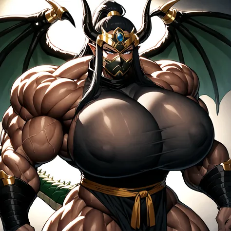 Cleopatra with extreme muscular body, gigantic muscular arms, gigantic muscular tights, samurai outfit, ninja mask, dragon tail, dragon horns, dragon wings, fair skin, black hair with ponytail and gigantic breasts.