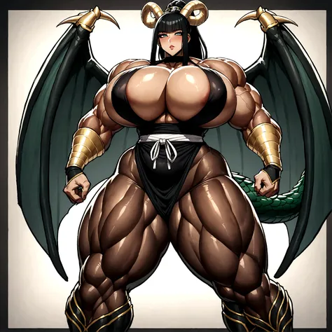 Cleopatra with extreme muscular body, gigantic muscular arms, gigantic muscular tights, samurai outfit, ninja mask, dragon tail, dragon horns, dragon wings, fair skin, black hair with ponytail and gigantic breasts.