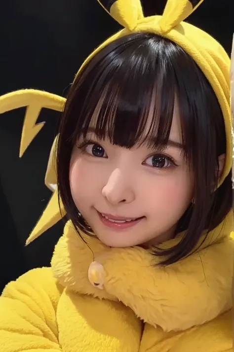 16 years old, cute,Adorable, Face Focus , Pikachu costume,(yellow fur coat)、(Yellow lightning on a dark background:1.5)、 Japanese girl, Low contrast, smile, Highest quality, Ultra-high resolution, Like the picture, Ultra-detailed, 8k, RAW Photos, Masseter ...