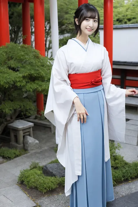 (White kimono and red long skirt、Slim,  and short hair,,、Close-up of a girl with dull bangs:1.5)、(Wearing a white kimono and a long red skirt in the grounds of a Japanese shrine、The girl turned around with a small smile.:1.5)、(Beautiful blue sky :1.3)、(Per...