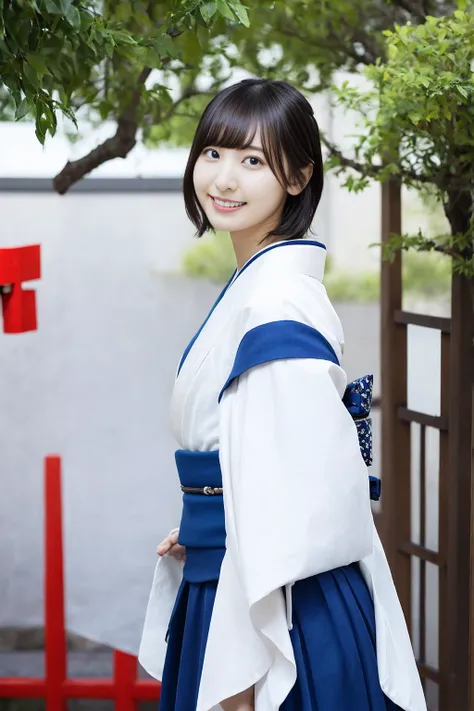 (White kimono and red long skirt、Slim,  and short hair,,、Close-up of a girl with dull bangs:1.5)、(Wearing a white kimono and a long red skirt in the grounds of a Japanese shrine、The girl turned around with a small smile.:1.5)、(Beautiful blue sky :1.3)、(Per...