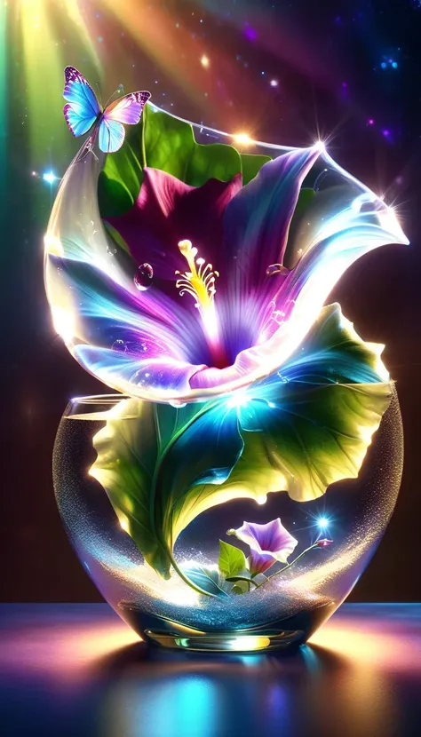 Made by AIS-RCN, 8K Photo, "words, Glass coated, Shiny and vibrant morning glory, It jumps out of the light, Transform your thoughts into delicate works of art.", Supple, Side light,