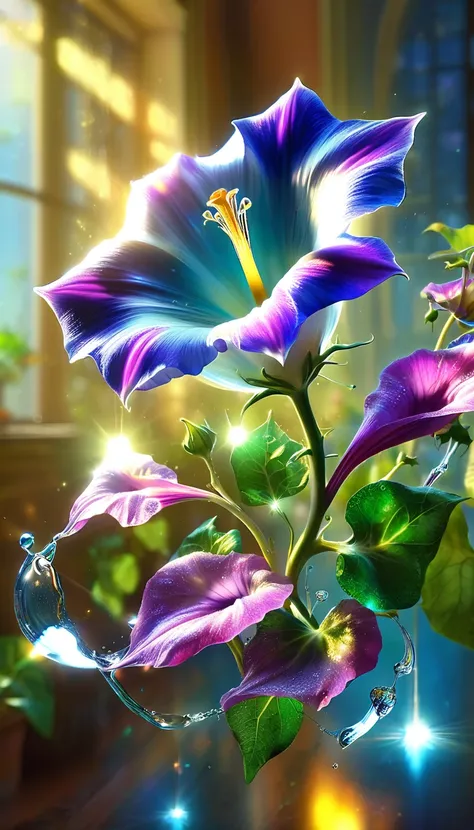 Made by AIS-RCN, 8K Photo, "words, Glass coated, Shiny and vibrant morning glory, It jumps out of the light, Transform your thoughts into delicate works of art.", Supple, Side light,