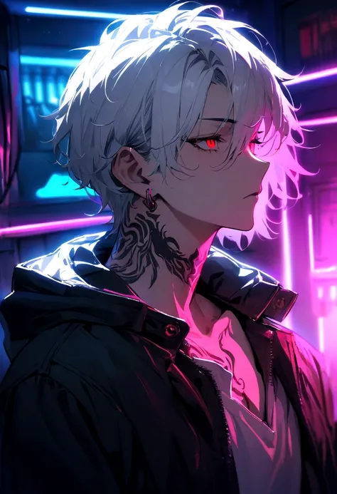 ((best quality)), ((masterpiece)), (detailed),(Cyberpunk) A boy with Short White hair and red eyes, showing his demon black tatto in his neck, in bedroom with neon light