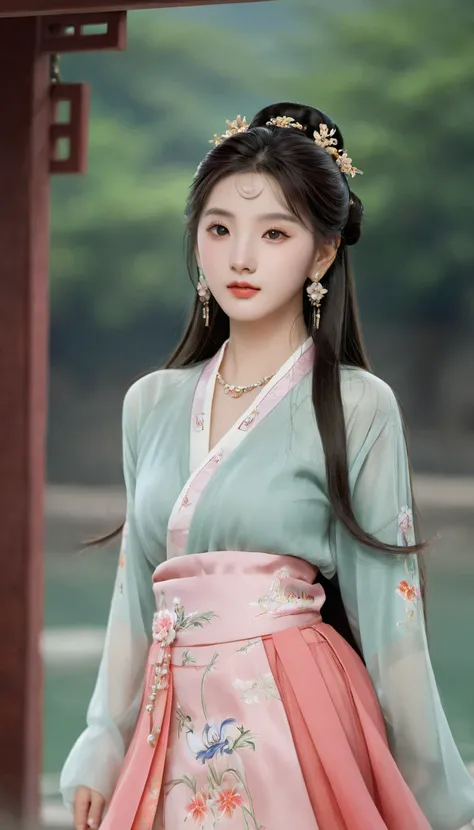 (photorealistic, best quality, ultra high res, extremely detailed eyes and face:1.3),1girl, solo,full body,skirt,jewelry,long_hair,necklace,earrings,perfect body,standing,large breasts,looking at viewer,chinese clothes,china dress,hanfu,