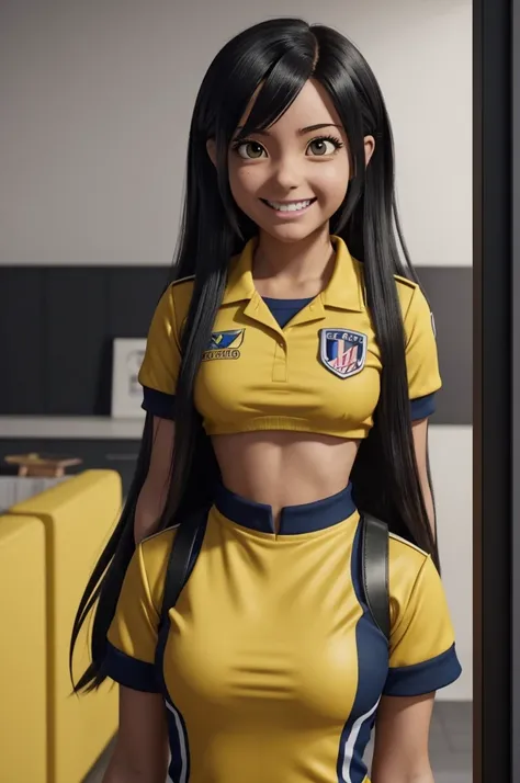 Captura de pantalla con el estilo del anime my hero academia.
Chica con pelo largo de color negro, piel morena clara y ojos color miel. has a happy expression. He wears the uniform from the anime my hero academia and the room in the background.