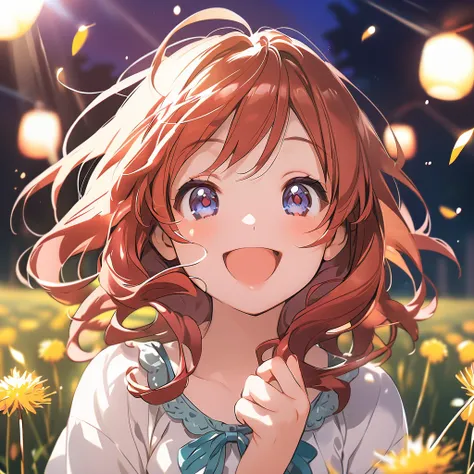 Anime young girl with dandelions blowing in the wind, Anime visuals of cute girls, Happy expression, happy girl, Smiling, Medium breasts,Open eyes,Cute,Happy and cheerful look, she expressing joy, anime image, very happy, Cute anime girl, Smiling expressio...