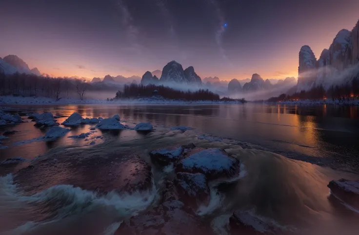 arafed view of a river with rocks and mountains in the background, photography taken during the blue hour, karst, riverside, chi...