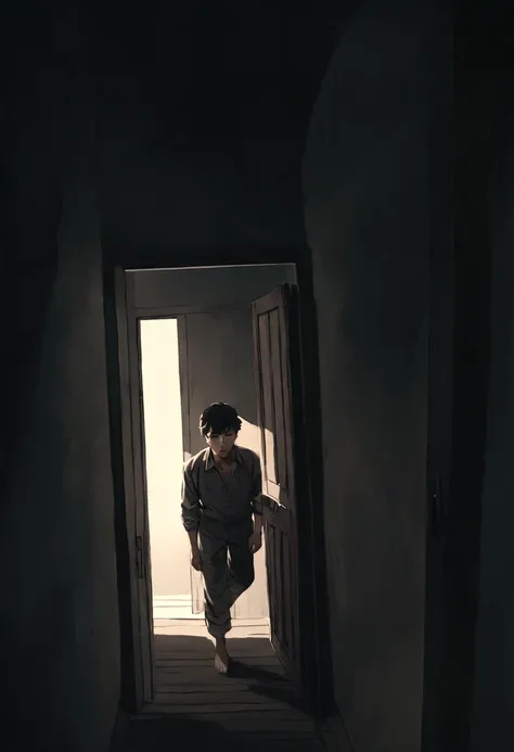 "A male character peeking through an attic door with a fearful expression, short black hair, frontal view. Minimalist character, 8k resolution, high definition, photorealistic style, cinematic lighting, melancholic atmosphere, dramatic shadows, muted color...