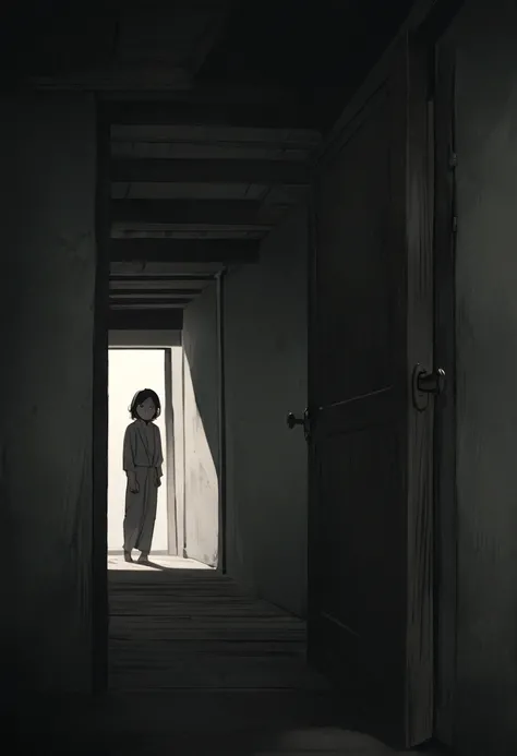 "A male character peeking through an attic door with a fearful expression, short black hair, frontal view. Minimalist character, 8k resolution, high definition, photorealistic style, cinematic lighting, melancholic atmosphere, dramatic shadows, muted color...