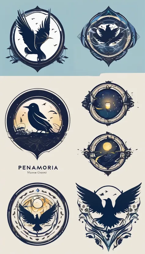 Create a minimalistic, simple, fantastic, easy to understand, logo design for an upcoming Fantasy Role Playing Game called " Penamemoria". The game is about a world  full of bird and feathers. A boy enters that world and discovers his true artistic identit...